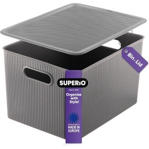 imageSuperio Ribbed Collection  Decorative Plastic Lidded Home Storage Bins Organizer Baskets Medium Grey 1 Pack  5 Liter Stackable Container Box for Organizing Closet Shelves Drawer ShelfXLarge 22 Liter