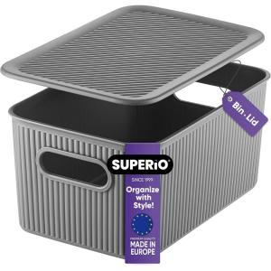 imageSuperio Ribbed Collection  Decorative Plastic Lidded Home Storage Bins Organizer Baskets Medium Grey 1 Pack  5 Liter Stackable Container Box for Organizing Closet Shelves Drawer ShelfMedium 5 Liter