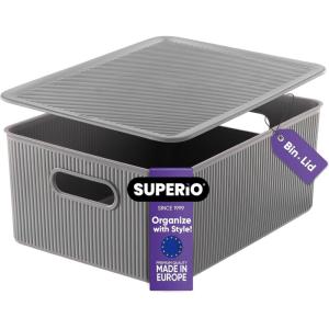 imageSuperio Ribbed Collection  Decorative Plastic Lidded Home Storage Bins Organizer Baskets Medium Grey 1 Pack  5 Liter Stackable Container Box for Organizing Closet Shelves Drawer ShelfLarge 15 Liter