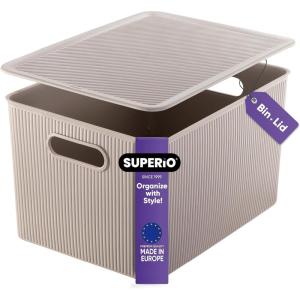 imageSuperio Ribbed Collection  Decorative Plastic Lidded Home Storage Bins Organizer Baskets XLarge Taupe 1 Pack  22 Liter Stackable Container Box for Organizing Closet Shelves Drawer ShelfXLarge 22 Liter
