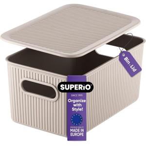 imageSuperio Ribbed Collection  Decorative Plastic Lidded Home Storage Bins Organizer Baskets XLarge Taupe 1 Pack  22 Liter Stackable Container Box for Organizing Closet Shelves Drawer ShelfMedium 5 Liter