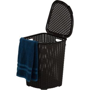 imageCorner Laundry Hamper Basket with Lid 50 Liter  Brown Wicker Hamper Durable Lightweight Bin with Cutout Handles  Storage Dirty Cloths Curved Shape Design Fits Bathroom Door Closet By Superio