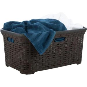 imageDesigned Laundry Basket Plastic 2 Pack Storage Hamper Basket Brown Cloths Basket Organizer with Cutout Handles Space Saving for Laundry Room Bedroom Bathroom Wicker Design 50 LiterBrown