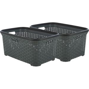 imageDesigned Laundry Basket Plastic 2 Pack Storage Hamper Basket Brown Cloths Basket Organizer with Cutout Handles Space Saving for Laundry Room Bedroom Bathroom Wicker Design 50 LiterGrey