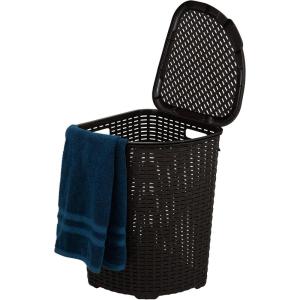 imagePlastic Corner Laundry Hamper with Lid Curved Designed Laundry Basket Triangle Brown Cloths Hamper Organizer with Cutout Handles for Laundry Room Bedroom Bathroom Wicker Design 50 Liter