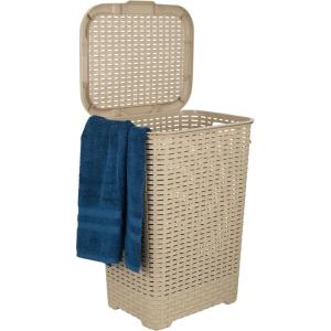 imagePlastic Laundry Hamper with Lid Laundry Hamper Basket White Smoke 2 Pack Tall Cloths Hamper Organizer with Cutout Handles Space Saving for Laundry Room Bedroom Bathroom Wicker Design 60 LiterBeige