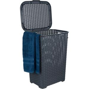 imagePlastic Laundry Hamper with Lid Laundry Hamper Basket White Smoke 2 Pack Tall Cloths Hamper Organizer with Cutout Handles Space Saving for Laundry Room Bedroom Bathroom Wicker Design 60 LiterGray