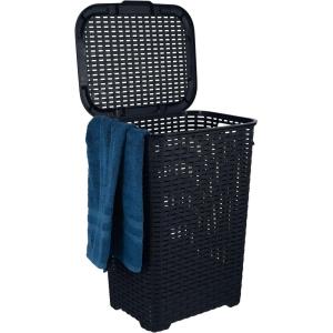 imagePlastic Laundry Hamper with Lid Laundry Hamper Basket White Smoke 2 Pack Tall Cloths Hamper Organizer with Cutout Handles Space Saving for Laundry Room Bedroom Bathroom Wicker Design 60 LiterBlack