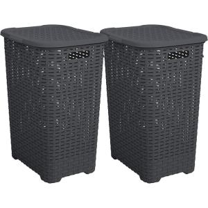 imagePlastic Laundry Hamper with Lid Laundry Hamper Basket White Smoke 2 Pack Tall Cloths Hamper Organizer with Cutout Handles Space Saving for Laundry Room Bedroom Bathroom Wicker Design 60 LiterGrey