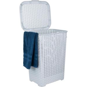 imagePlastic Laundry Hamper with Lid Laundry Hamper Basket White Smoke 2 Pack Tall Cloths Hamper Organizer with Cutout Handles Space Saving for Laundry Room Bedroom Bathroom Wicker Design 60 LiterWhite Smoke