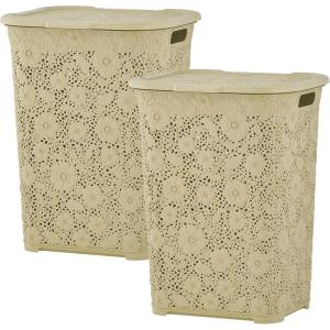 imageSuperio Laundry Hamper with Lid Lace Design 50 Liter  2 Pack Laundry Hamper Basket with Cutout Handles Rectangular Shape Modern Style Bin Dirty Cloths Storage Beige 2 PackBeige 2 Pack