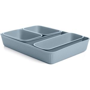 imageSuperio Ribbed Collection  Decorative Plastic Desk Drawer Organizer Tray Blue Set of 5 Open Home Storage Bins Organizer Baskets for Organizing Closet Shelves Drawer ShelfBlue