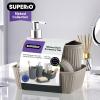imageSuperio Ribbed Collection  Decorative Plastic Bathroom Accessories Set White Smoke Set of 4 Soap Dish Liquid Dispenser Toothbrush Holder Cup Vanity Organizer Tray  Bathroom Decor GiftTaupe