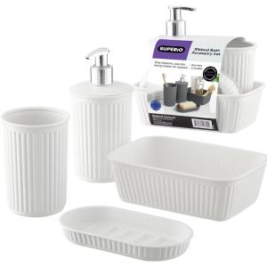 imageSuperio Ribbed Collection  Decorative Plastic Bathroom Accessories Set White Smoke Set of 4 Soap Dish Liquid Dispenser Toothbrush Holder Cup Vanity Organizer Tray  Bathroom Decor GiftWhite Smoke