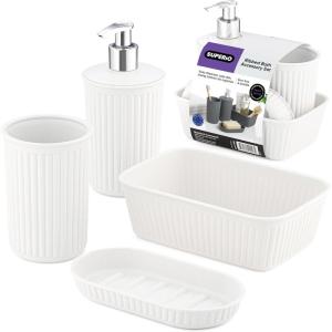 imageSuperio Ribbed Collection  Decorative Plastic Bathroom Accessories Set White Smoke Set of 4 Soap Dish Liquid Dispenser Toothbrush Holder Cup Vanity Organizer Tray  Bathroom Decor GiftWhite
