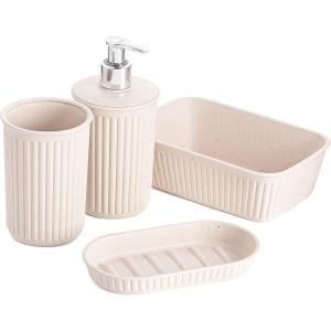 imageSuperio Ribbed Collection  Decorative Plastic Bathroom Accessories Set White Smoke Set of 4 Soap Dish Liquid Dispenser Toothbrush Holder Cup Vanity Organizer Tray  Bathroom Decor GiftEco Friendly