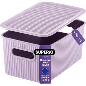 imageSuperio Ribbed Collection  Decorative Plastic Lidded Home Storage Bins Organizer Baskets Large Lilac Purple 1 Pack  15 Liter Stackable Container Box for Organizing Closet Shelves Drawer ShelfMedium 5 Liter