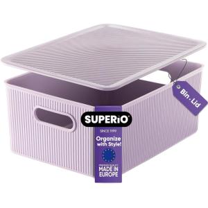 imageSuperio Ribbed Collection  Decorative Plastic Lidded Home Storage Bins Organizer Baskets Large Lilac Purple 1 Pack  15 Liter Stackable Container Box for Organizing Closet Shelves Drawer ShelfLarge 15 Liter