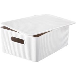 imageSuperio Ribbed Collection  Decorative Plastic Lidded Home Storage Bins Organizer Baskets Medium White 1 Pack  5 Liter Stackable Container Box for Organizing Closet Shelves Drawer ShelfLarge 15 Liter