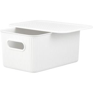 imageSuperio Ribbed Collection  Decorative Plastic Lidded Home Storage Bins Organizer Baskets Medium White 1 Pack  5 Liter Stackable Container Box for Organizing Closet Shelves Drawer ShelfMedium 5 Liter