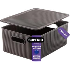 imageSuperio Ribbed Collection  Decorative Plastic Lidded Home Storage Bins Organizer Baskets XLarge Brown 1 Pack  22 Liter Stackable Container Box for Organizing Closet Shelves Drawer ShelfLarge 15 Liter