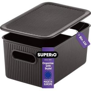 imageSuperio Ribbed Collection  Decorative Plastic Lidded Home Storage Bins Organizer Baskets XLarge Brown 1 Pack  22 Liter Stackable Container Box for Organizing Closet Shelves Drawer ShelfMedium 5 Liter