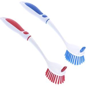 imageDish Washing Scrubber Vegetable Brush  Blue  White 2 Sided Bristles  Long Handle With Rubber Grip Non Scratch Kitchen and Bath Cleaning By SuperioRedblue