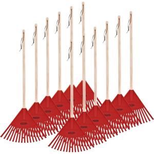 imagePack of 12 Kids Rake with Hardwood Handle Durable Plastic Head to Sweep Leaves in Lawn and Tidying Up The Garden 34quot GreyRed