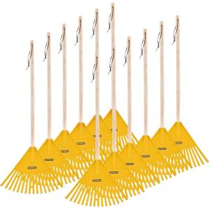 imagePack of 12 Kids Rake with Hardwood Handle Durable Plastic Head to Sweep Leaves in Lawn and Tidying Up The Garden 34quot GreyYellow