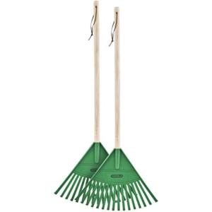 imagePack of 2 Kids Rake with Hardwood Handle Durable Plastic Head to Sweep Leaves in Lawn and Tidying Up The Garden 34quot OrangeGreen