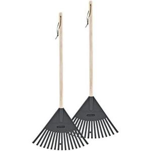 imagePack of 2 Kids Rake with Hardwood Handle Durable Plastic Head to Sweep Leaves in Lawn and Tidying Up The Garden 34quot OrangeGrey