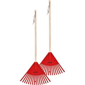 imagePack of 2 Kids Rake with Hardwood Handle Durable Plastic Head to Sweep Leaves in Lawn and Tidying Up The Garden 34quot OrangeRed