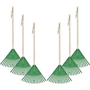 imagePack of 6 Rakes with Hardwood Handle Durable Plastic Head to Sweep Leaves in Lawn and Tidying Up The Garden 34quot GreenGreen