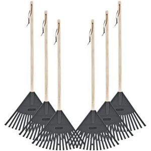 imagePack of 6 Rakes with Hardwood Handle Durable Plastic Head to Sweep Leaves in Lawn and Tidying Up The Garden 34quot GreenGrey