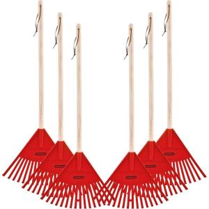 imagePack of 6 Rakes with Hardwood Handle Durable Plastic Head to Sweep Leaves in Lawn and Tidying Up The Garden 34quot GreenRed