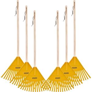 imagePack of 6 Rakes with Hardwood Handle Durable Plastic Head to Sweep Leaves in Lawn and Tidying Up The Garden 34quot GreenYellow