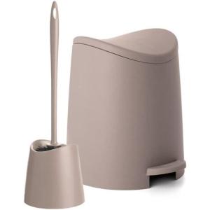 imageSmall Plastic Bathroom Set 3 qt Taupe Plastic Compact Trash Can and Toilet Bowl Cleaner Brush with Holder  Matching Toilet Set