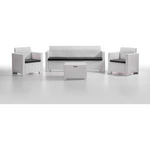 imageSuperio 848 4 PieceWhite Wicker 3 Seater Sofa 2 Armchairs with Coffee Table 3 Cushions 5 Person Outdoor Furniture Set