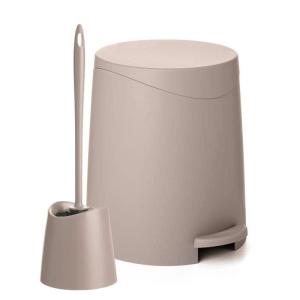 imageSuperio Bathroom Trash Can with Toilet Brush Set Grey Modern 6 Liter Small Waste Basket Plastic Step On Garbage Can and Toilet Bowl Cleaner Bathroom Accessories Set Taupe