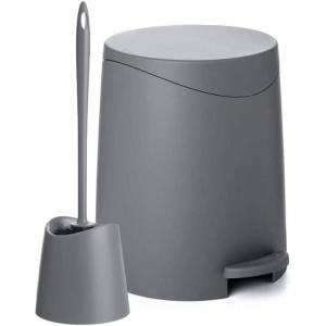 imageSuperio Bathroom Trash Can with Toilet Brush Set Grey Modern 6 Liter Small Waste Basket Plastic Step On Garbage Can and Toilet Bowl Cleaner Bathroom Accessories Set Grey