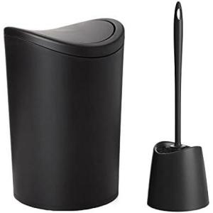 imageSuperio Bathroom Trash Can with Toilet Brush Set Taupe Modern 6 Liter Small Waste Basket Plastic Garbage Can with Swing Lid and Toilet Bowl Cleaner Bathroom Accessories SetBlackSet