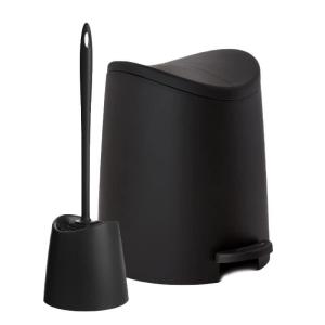 imageSuperio MIni Plastic Bathroom Trash Can with Lid 3 Liter Taupe Modern Curved Step On Trash Can with Foot Pedal Mini Kitchen Waste Bin Durable and Soft Close for Bedroom Office Under DeskBlackSet