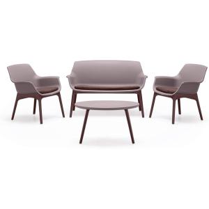 imageSuperio Patio Luxor Lounge Outdoor 2 Seater Sofa 2 Armchairs Ergonomic Backrest Coffee Table and 3 Cushions 4 Piece Furniture Set Brown