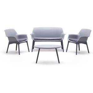 imageSuperio Patio Luxor Lounge Outdoor 2 Seater Sofa 2 Armchairs Ergonomic Backrest Coffee Table and 3 Cushions 4Piece Furniture Set Grey