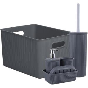 imageSuperio Ribbed Collection  Decorative Plastic Bathroom Accessories Set Grey Set of 6 Soap Dish Liquid Soap Dispenser Toothbrush Holder Organizer Bin Vanity Tray Toilet Brush  Bath Decor
