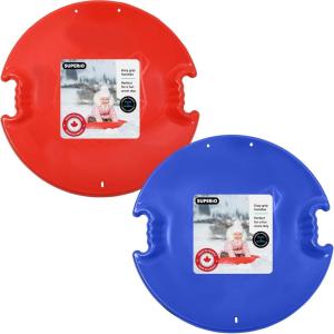 imageSuperio Round Snow Saucer Sleds Plastic Disc Sleds for Kids and Adults Heavy Duty Sled Discs with Handles for Downhill Sledding Winter Outdoor Sports RedBlue 26quot