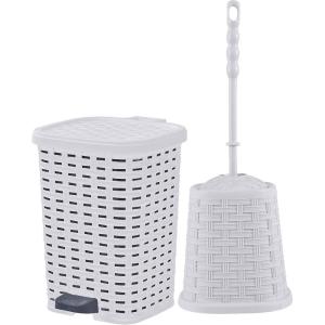 imageSuperio Wicker Bathroom Accessories Set  6qt Step On Trash Can and Toilet Brush with Holder Combo  Matching Toilet Set BasketWeave Design Modern Slim Trash Can for Bathroom 2 Pack White Smoke