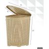 imageDesigned Corner Laundry Hamper with Lid Curved Plastic Laundry Basket Triangle White Cloths Hamper Organizer with Cutout Handles for Laundry Room Bedroom Bathroom Wicker Design 50 LiterBeige