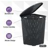 imageDesigned Corner Laundry Hamper with Lid Curved Plastic Laundry Basket Triangle White Cloths Hamper Organizer with Cutout Handles for Laundry Room Bedroom Bathroom Wicker Design 50 LiterGrey