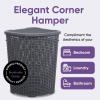 imageDesigned Corner Laundry Hamper with Lid Curved Plastic Laundry Basket Triangle White Cloths Hamper Organizer with Cutout Handles for Laundry Room Bedroom Bathroom Wicker Design 50 LiterGrey
